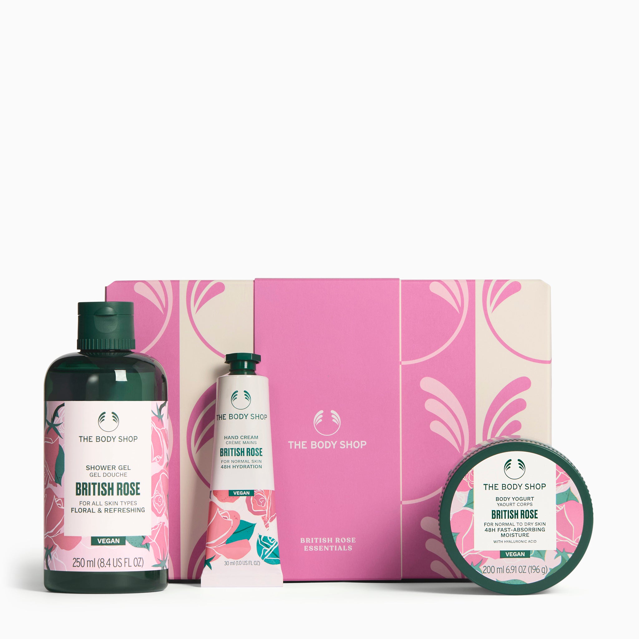 The Body Shop British Rose gift set with shower gel, hand cream, and soap on a white background