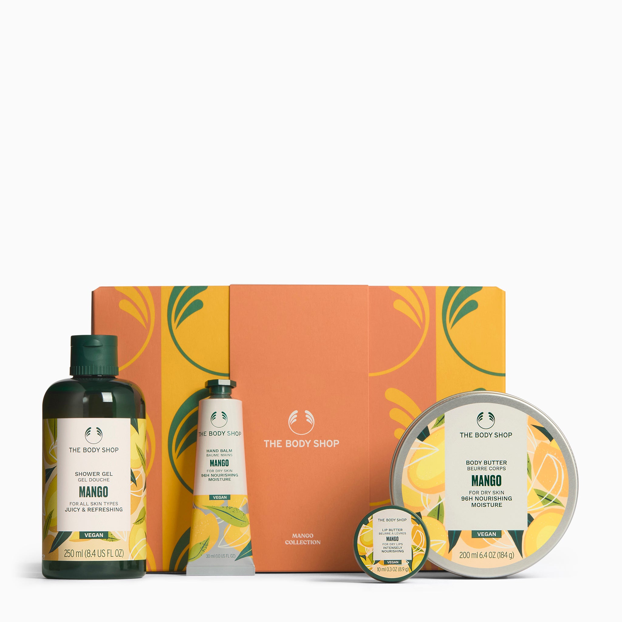 The Body Shop Mango collection with products and packaging on a white background