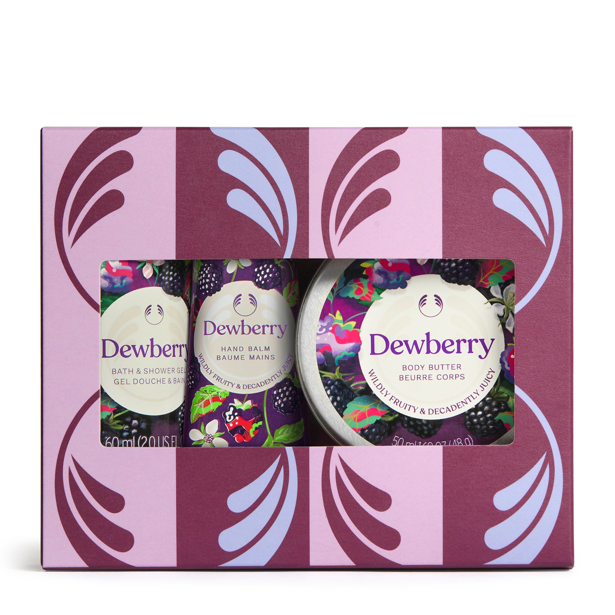 Dewberry skincare product set in a decorative box with a purple and white pattern.