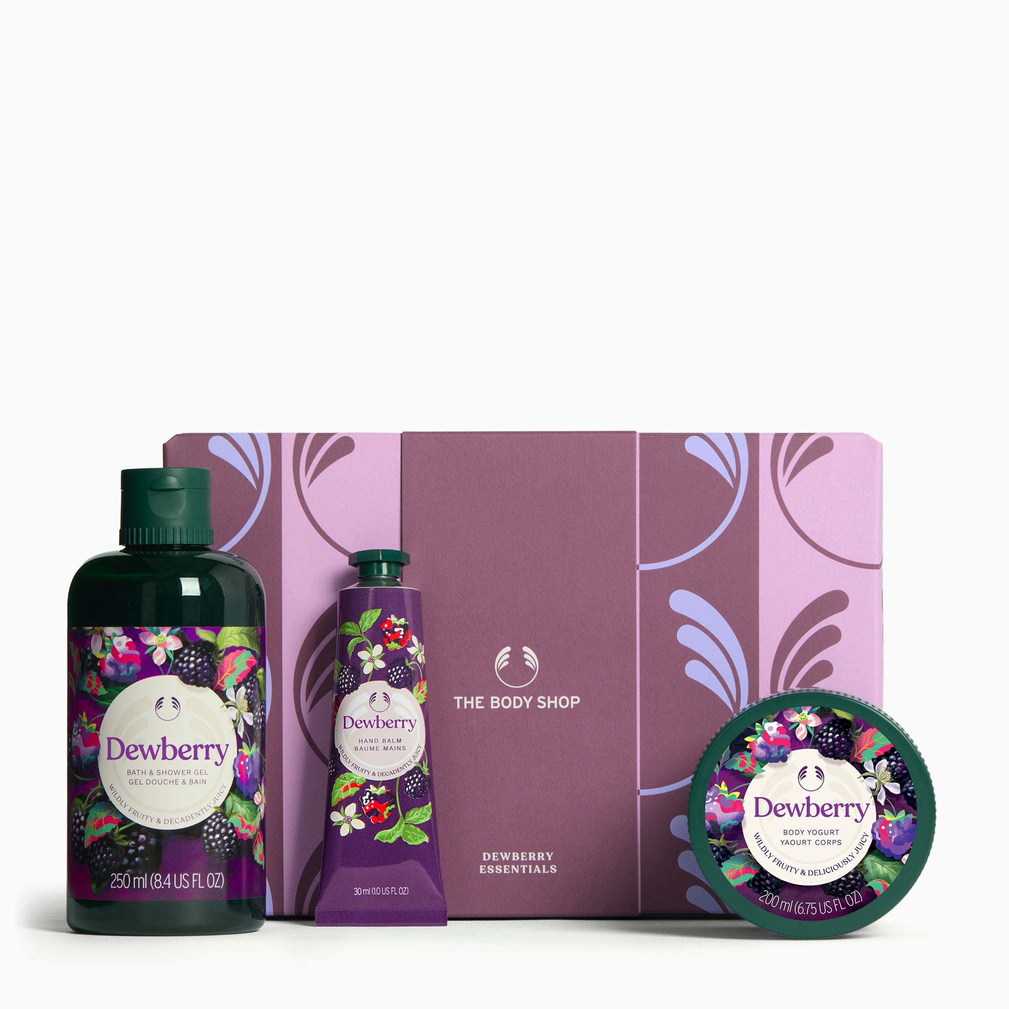 The Body Shop Dewberry gift set with three products on a white background
