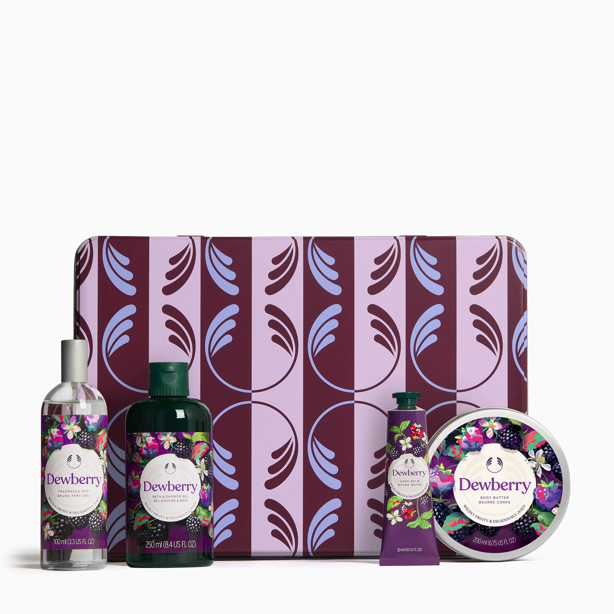 Dewberry skincare product set with a decorative box on a white background