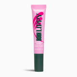 Pink lip balm tube with green cap on a white background