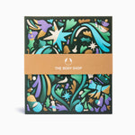 Product packaging with colorful design and 'The Body Shop' branding on a white background