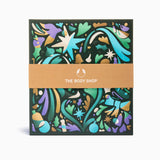Product packaging with colorful design and 'The Body Shop' branding on a white background