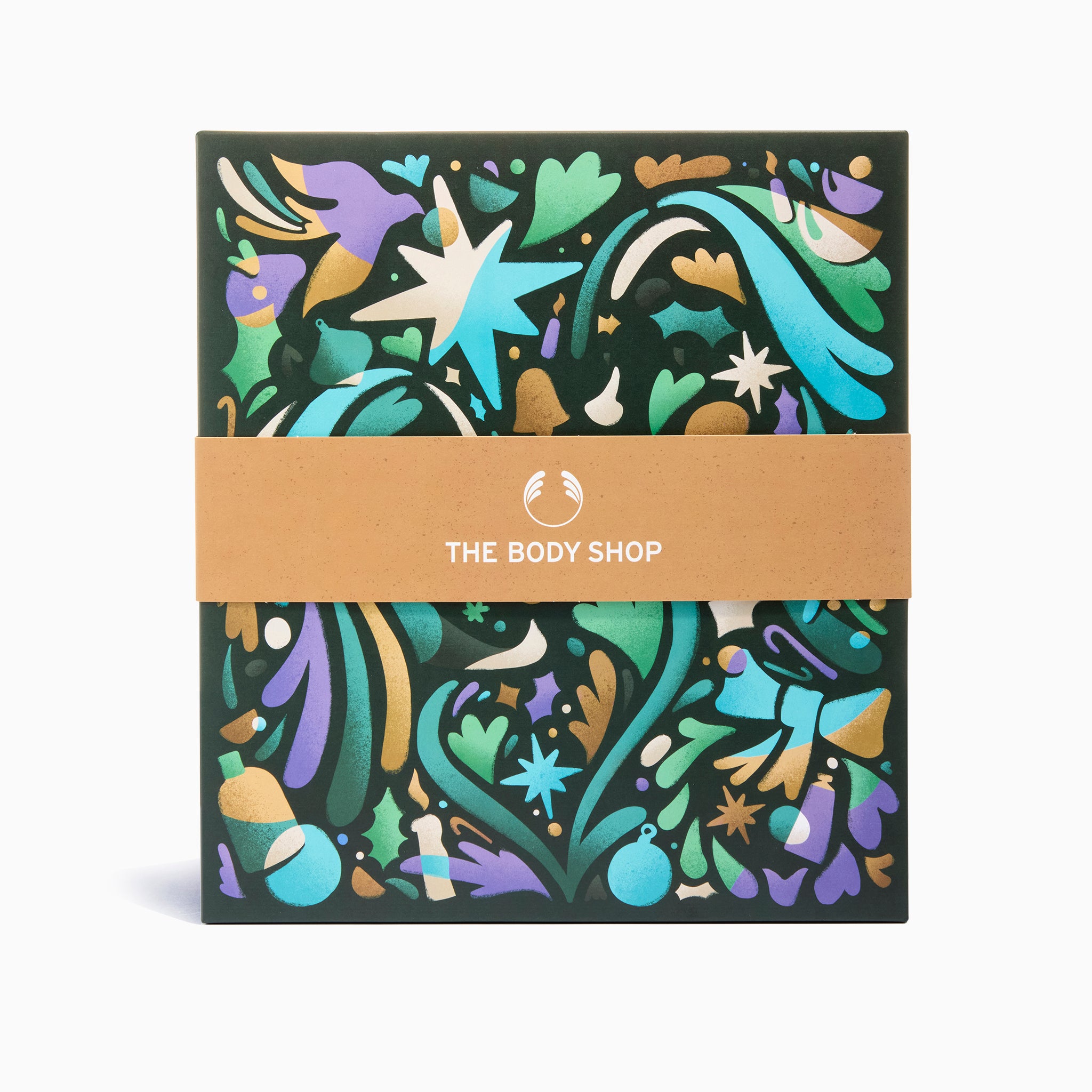 Product packaging with colorful design and 'The Body Shop' branding on a white background