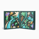 Colorful abstract puzzle with green frame on a white background