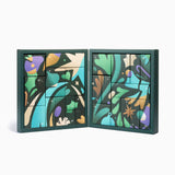 Colorful abstract puzzle with green frame on a white background