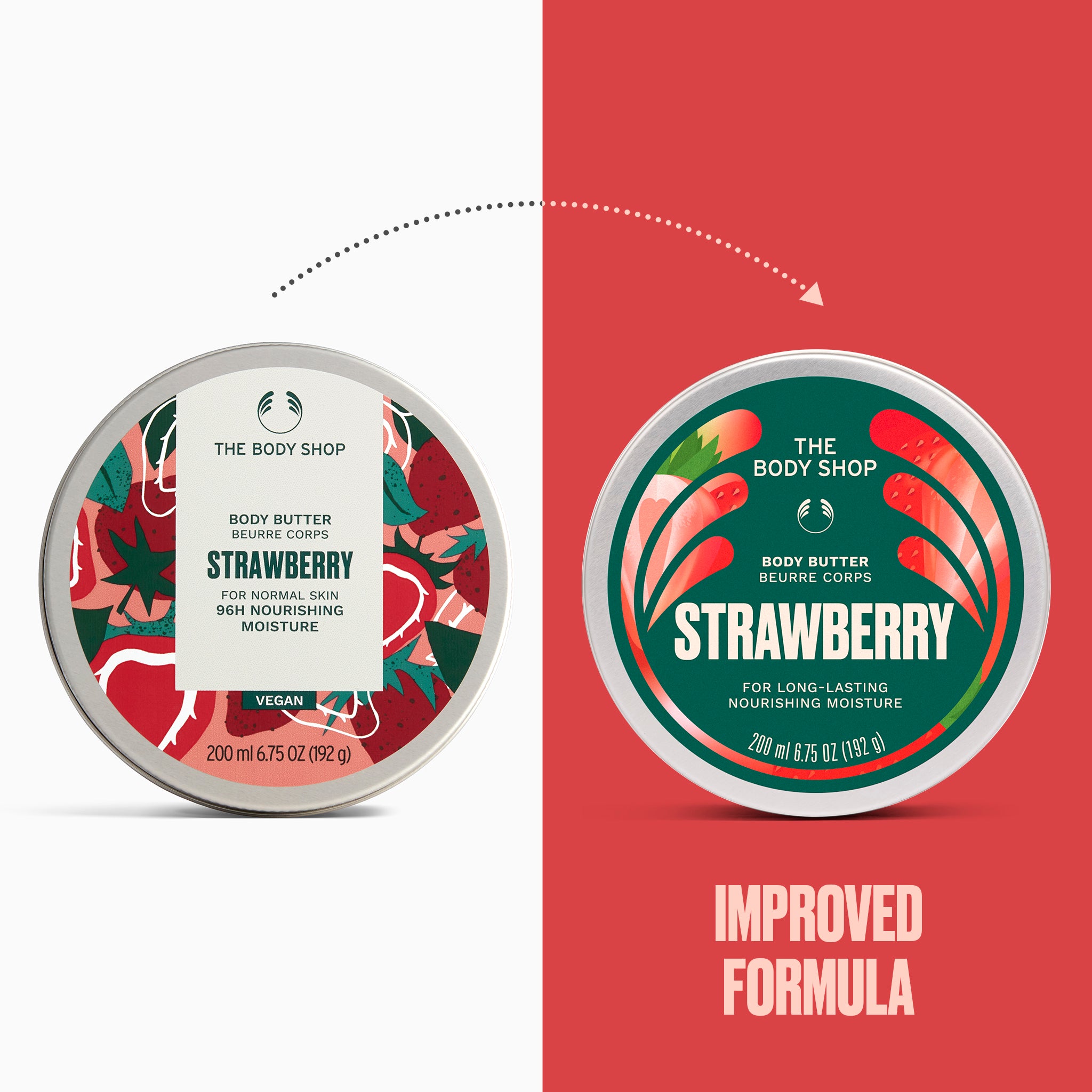 Two round tubs of The Body Shop Strawberry Body Butter are shown side by side on a split white and red background, with a dotted arrow between them and the text 'IMPROVED FORMULA' below the right tub.