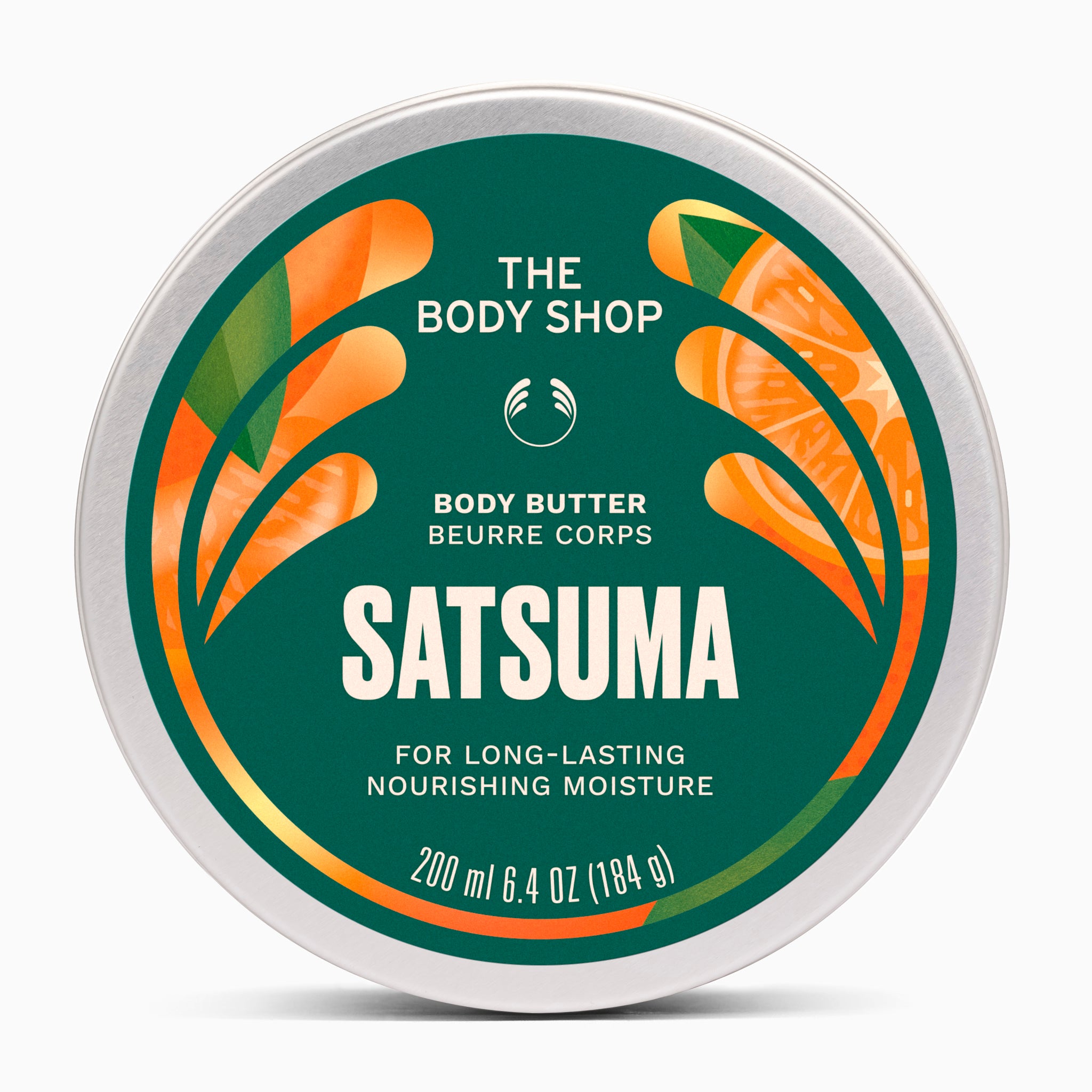 Body butter container with Satsuma flavor from The Body Shop on a white background