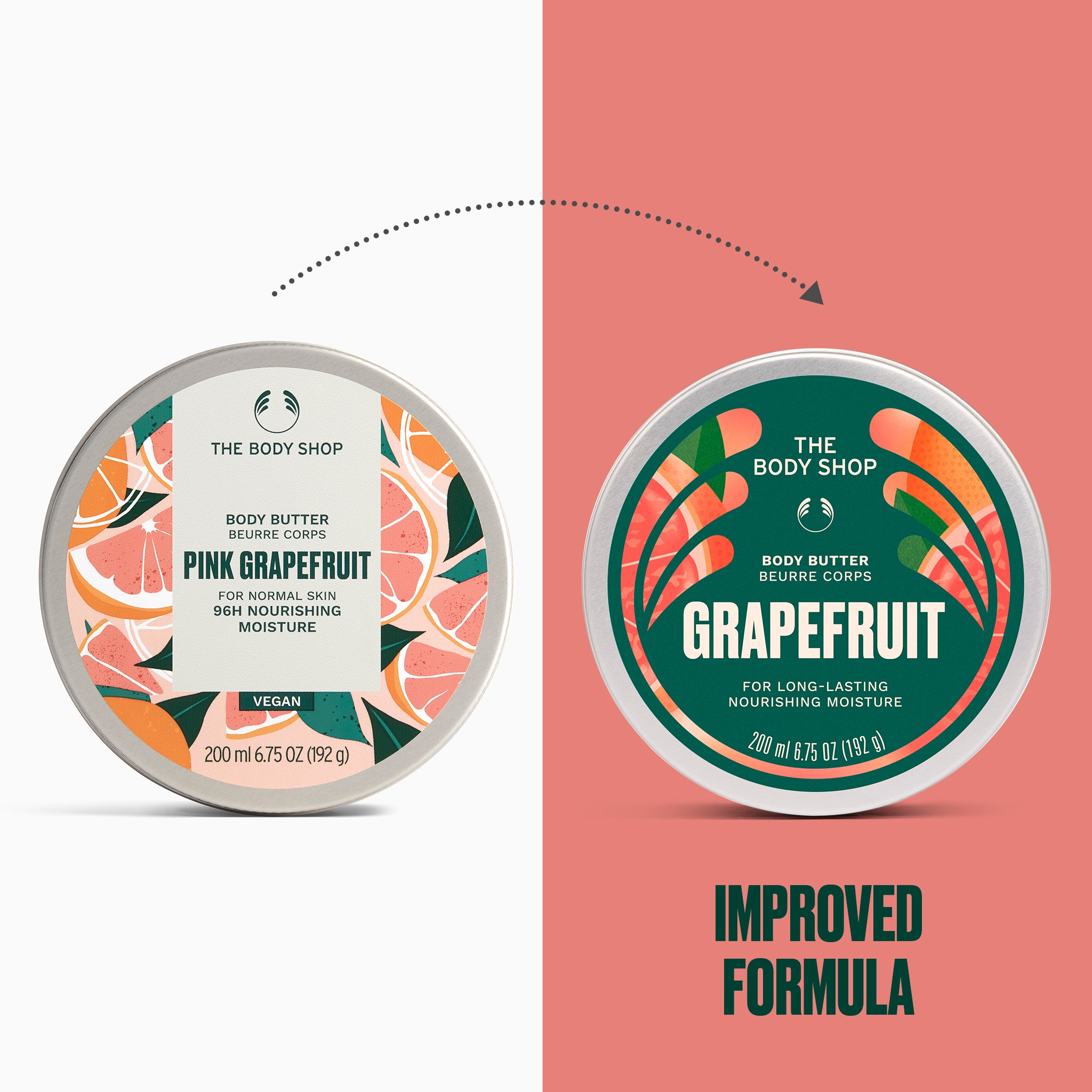 Two round tubs of The Body Shop Grapefruit Body Butter are shown side by side on a split white and coral background, with a dotted arrow between them and the text 'IMPROVED FORMULA' below the right tub.