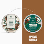 Two round tubs of The Body Shop Coconut Body Butter are shown side by side on a split white and brown background, with a dotted arrow above indicating an improvement. The left tub has a white label with brown and green coconut leaf illustrations, and the right tub has a green label with brown and beige coconut illustrations.