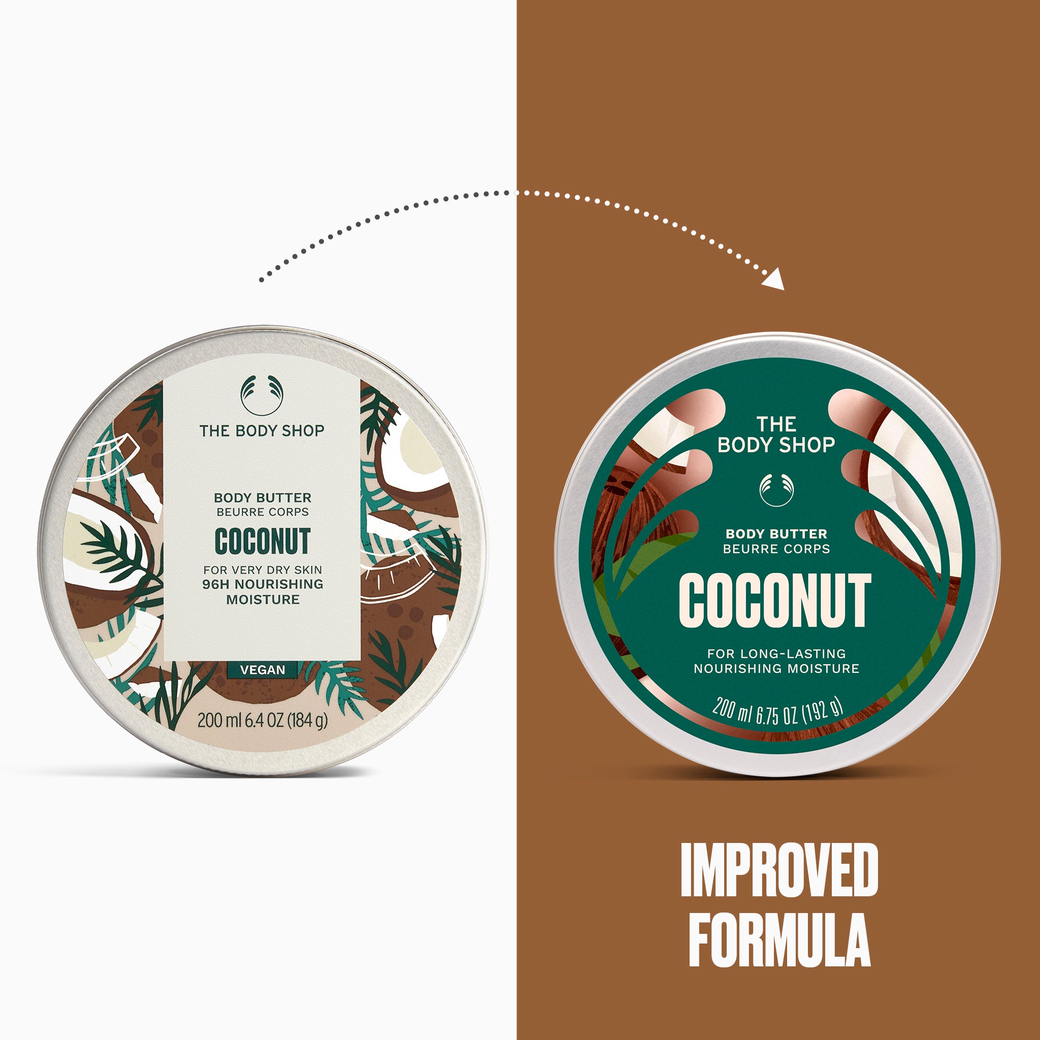Two round tubs of The Body Shop Coconut Body Butter are shown side by side on a split white and brown background, with a dotted arrow above indicating an improvement. The left tub has a white label with brown and green coconut leaf illustrations, and the right tub has a green label with brown and beige coconut illustrations.