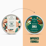 Two round tubs of The Body Shop Shea Body Butter are shown side by side on a split white and beige background, with a dotted arrow between them and the text 'IMPROVED FORMULA' below the right tub.