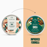 Two round tubs of The Body Shop Shea Body Butter are shown side by side on a split white and beige background, with a dotted arrow between them and the text 'IMPROVED FORMULA' below the right tub.