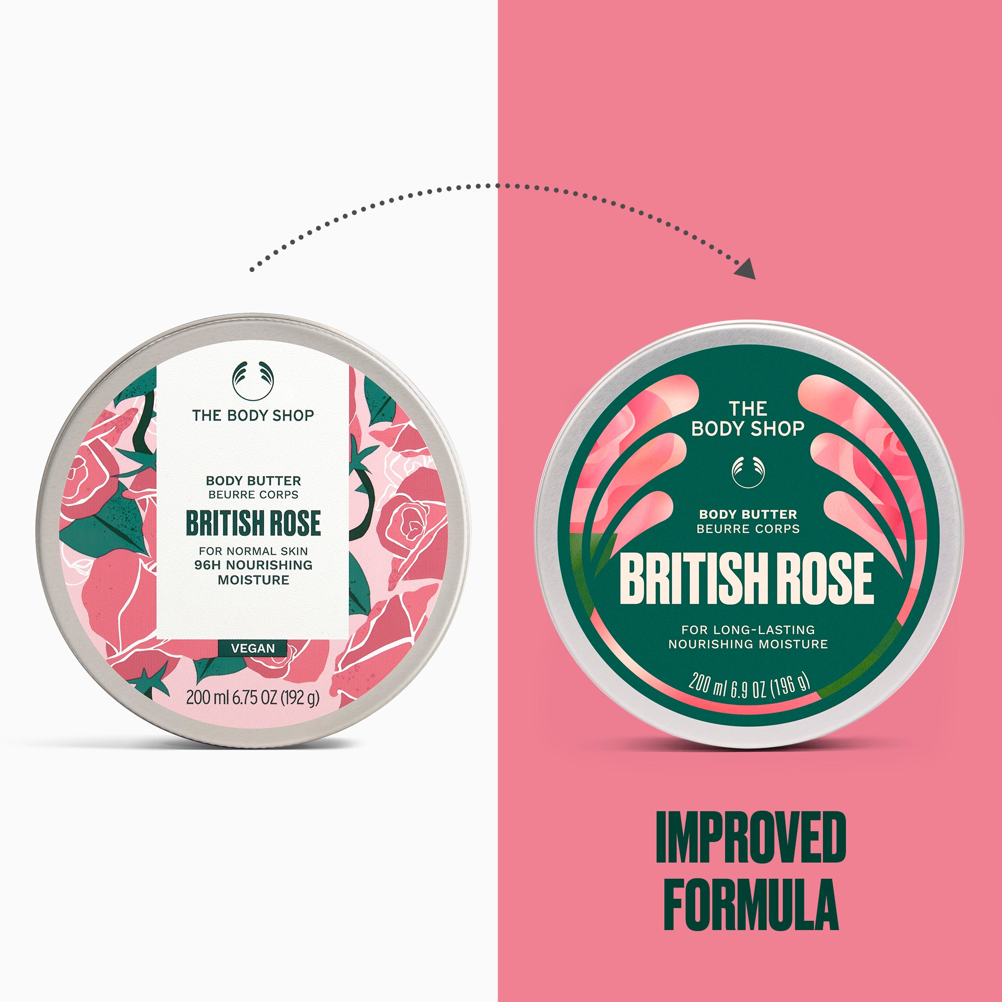 A split graphic showing two round tubs of The Body Shop British Rose body butter before and after an improvement. The left tub has a pink rose pattern with a white label, and the right tub has a green rose pattern with a white label.