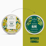 The Body Shop Olive Body Butter tins shown side by side on a split white and olive-green background, with a dotted arrow pointing from the left label to the right label and the text 'IMPROVED FORMULA' below.
