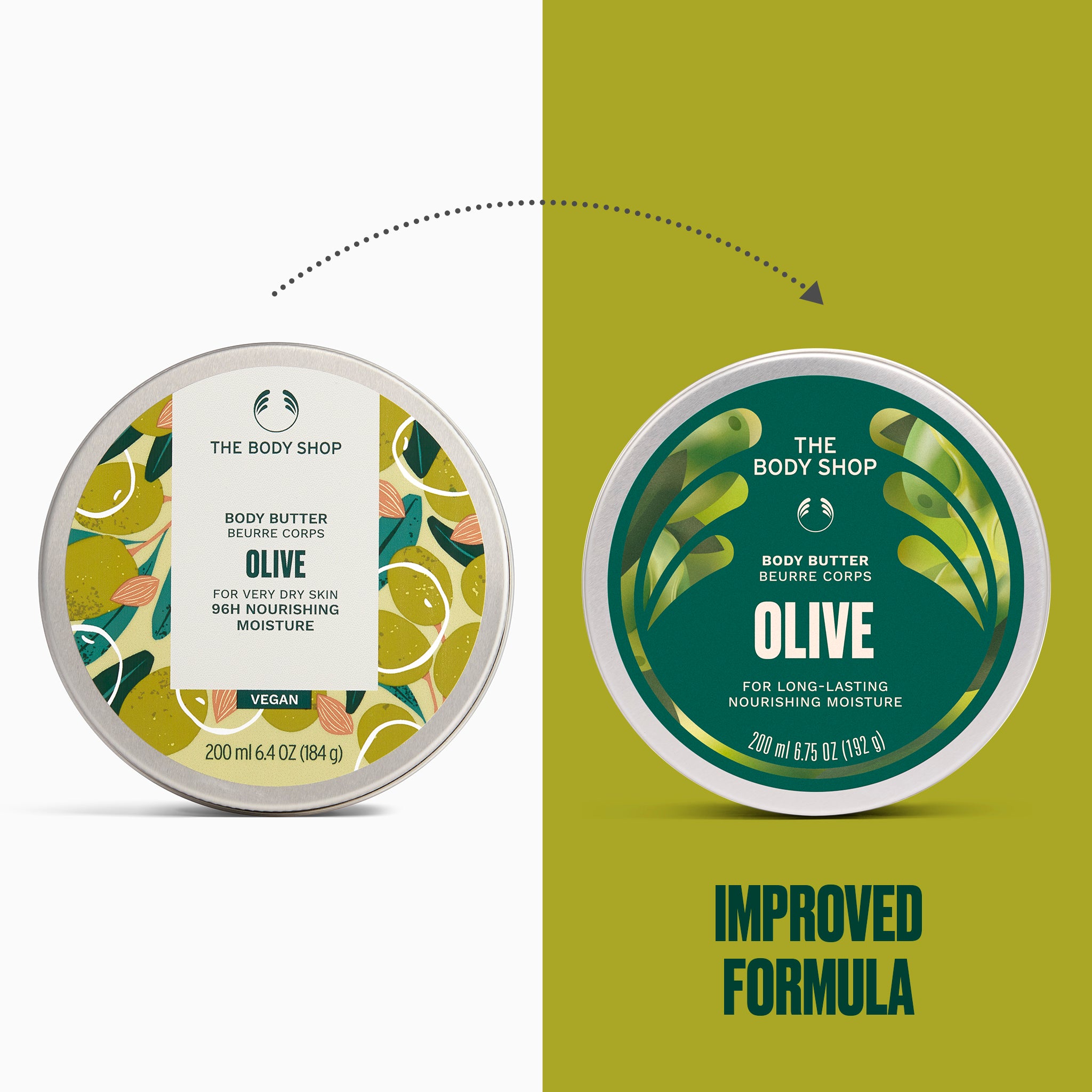 The Body Shop Olive Body Butter tins shown side by side on a split white and olive-green background, with a dotted arrow pointing from the left label to the right label and the text 'IMPROVED FORMULA' below.
