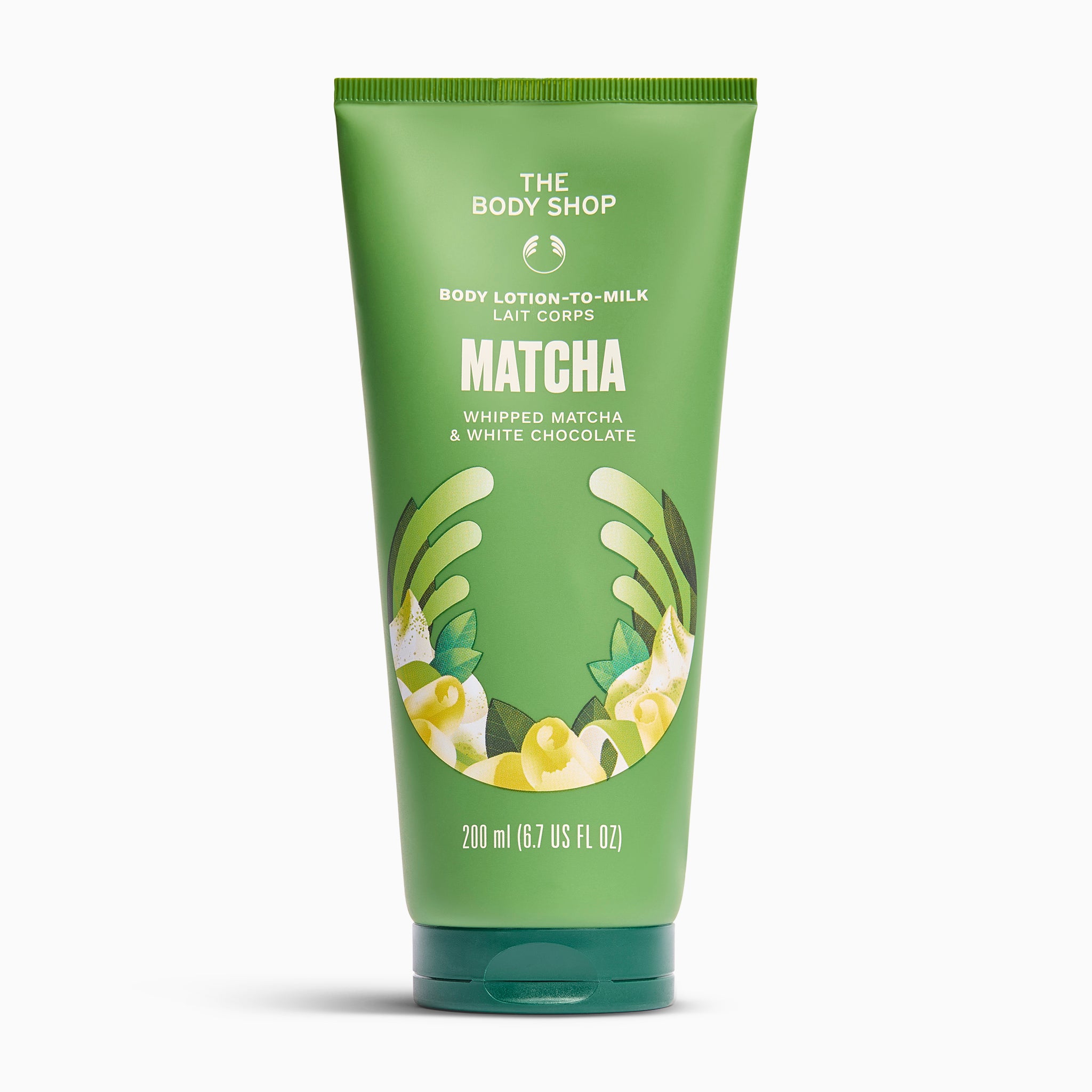 A 200ml squeeze tube of The Body Shop Matcha Body Lotion 10-D Milk, featuring a green design with white text and illustrations of matcha leaves and yellow chocolate swirls, set against a plain white background.