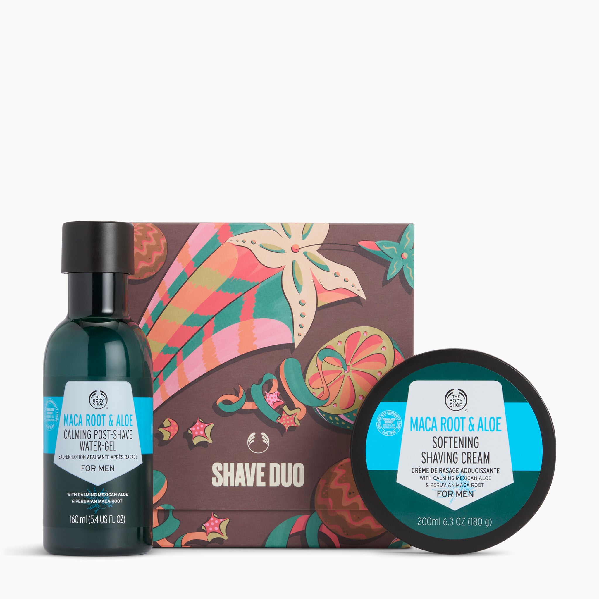 Thea Men Shave Duo gift set featuring a bottle of Maca Root & Aloe Camu Cinch Rose Shave Water-Gel, a jar of Maca Root & Aloe Softening Shaving Cream, and a decorative gift box with a colorful botanical pattern.