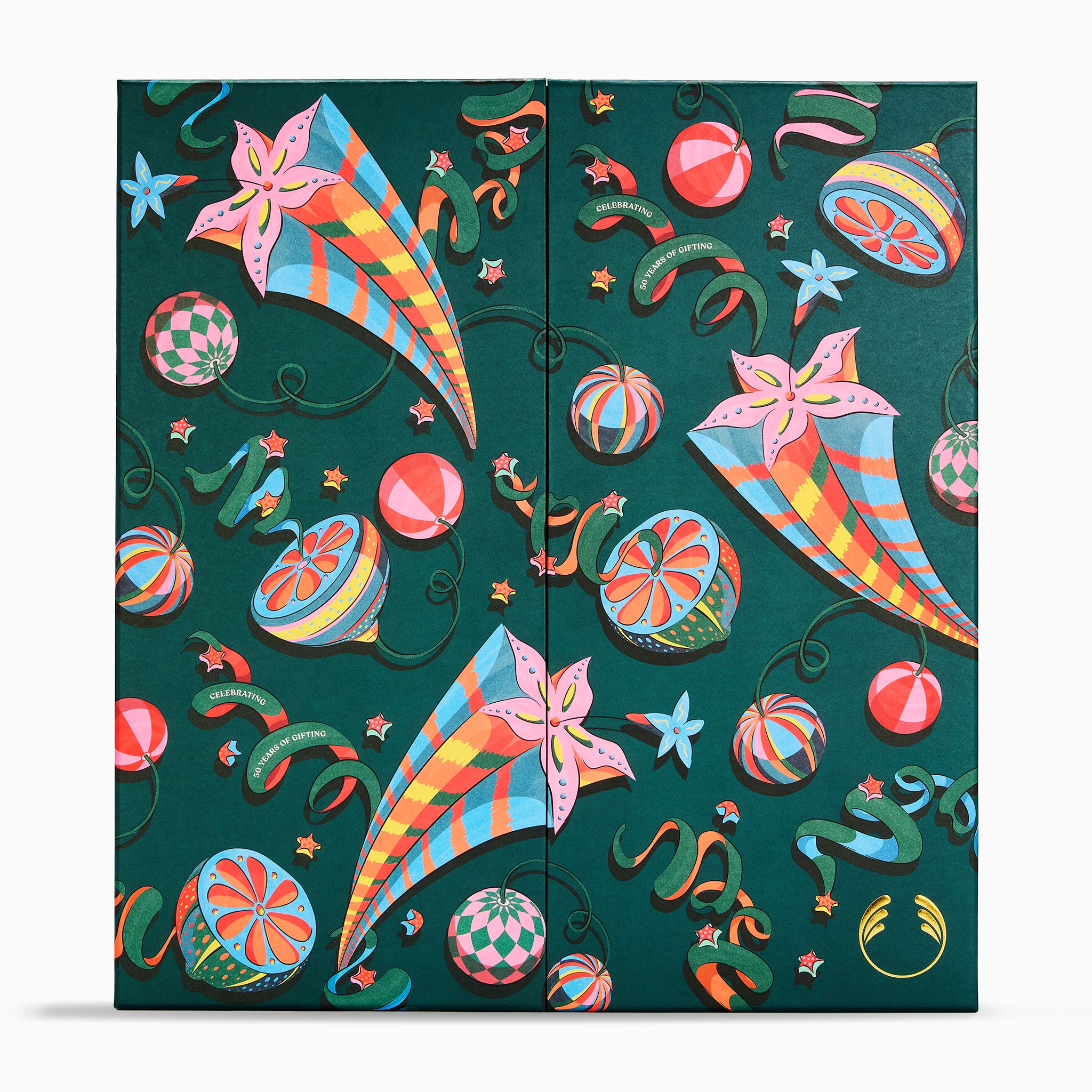 A double-door refrigerator or cabinet featuring a colorful Christmas-themed paper cutout style print on a dark green background, with ornaments, streamers, stars, and festive motifs.