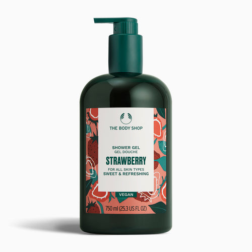 A large green bottle with a pump and strawberry label for The Body Shop Shower Gel 750ml