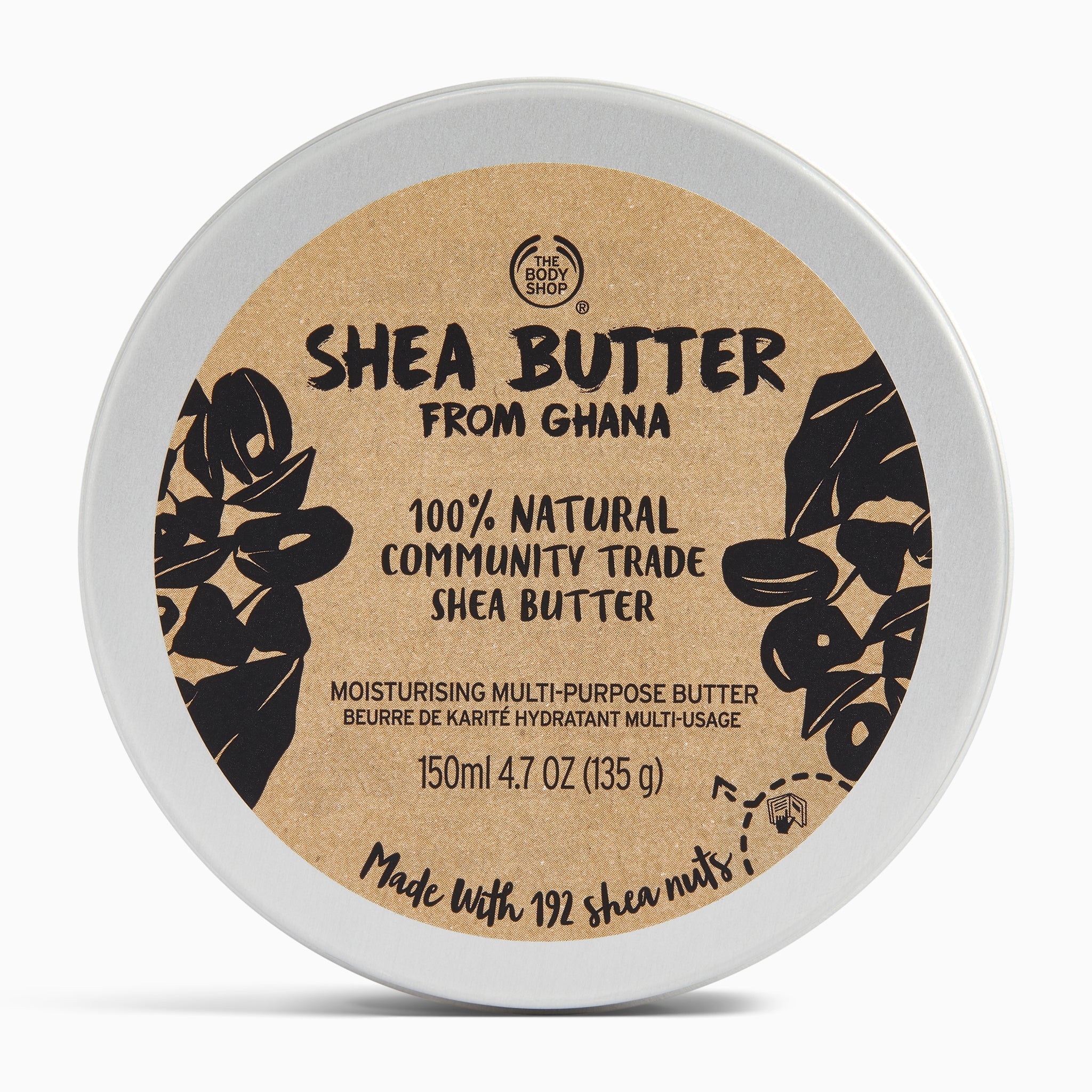 Shea butter container with 'The Body Shop' branding on a white background