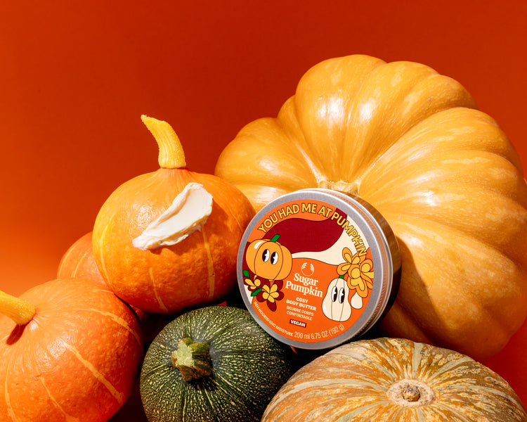 Pumpkin-shaped container with a label on a red background