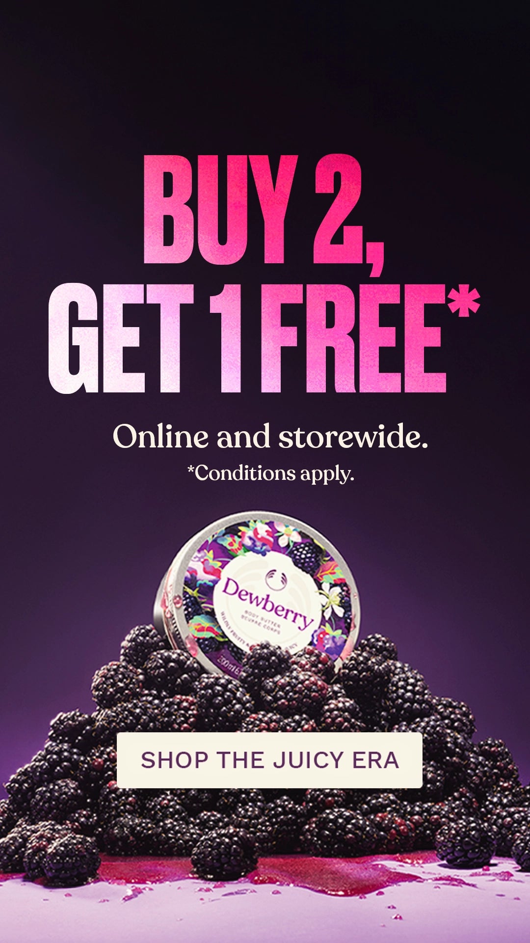 Promotional advertisement for Dewberry products with a buy two, get one free offer on a purple background.