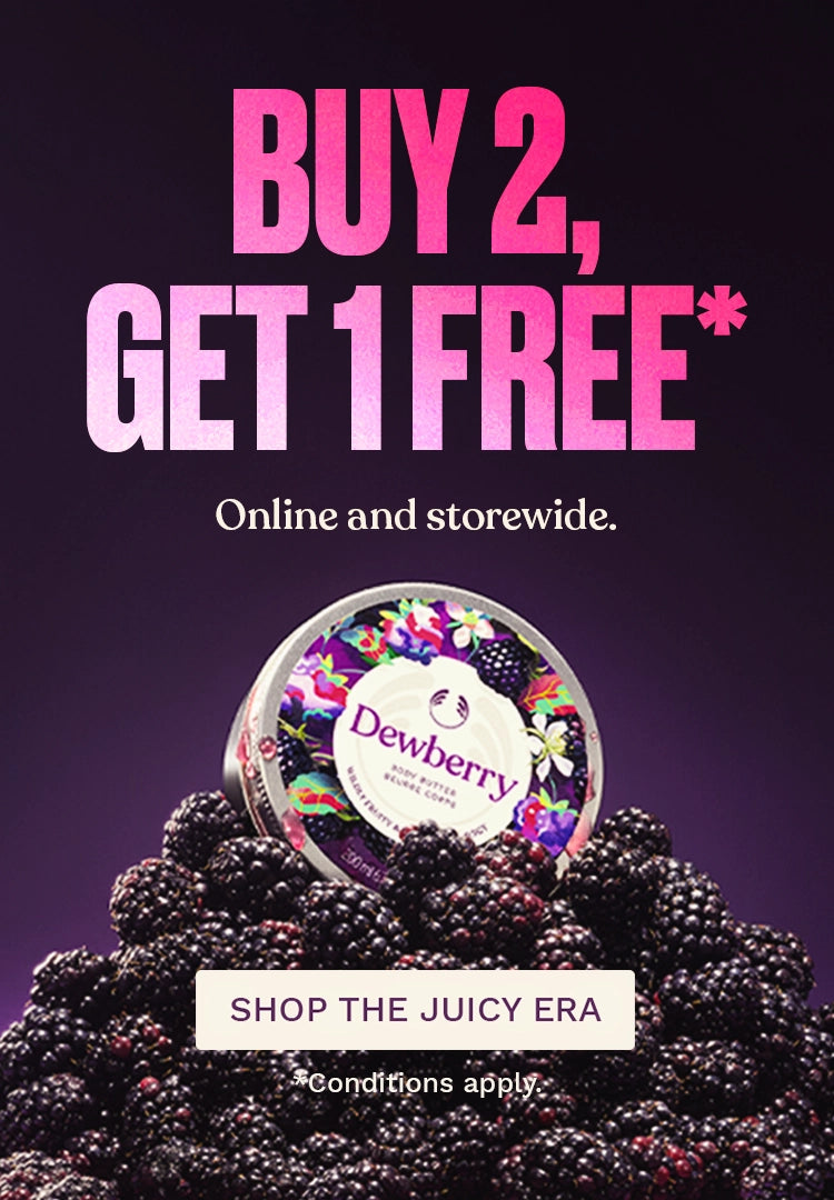 Promotional image of Dewberry products with a buy two, get one free offer on a dark background.