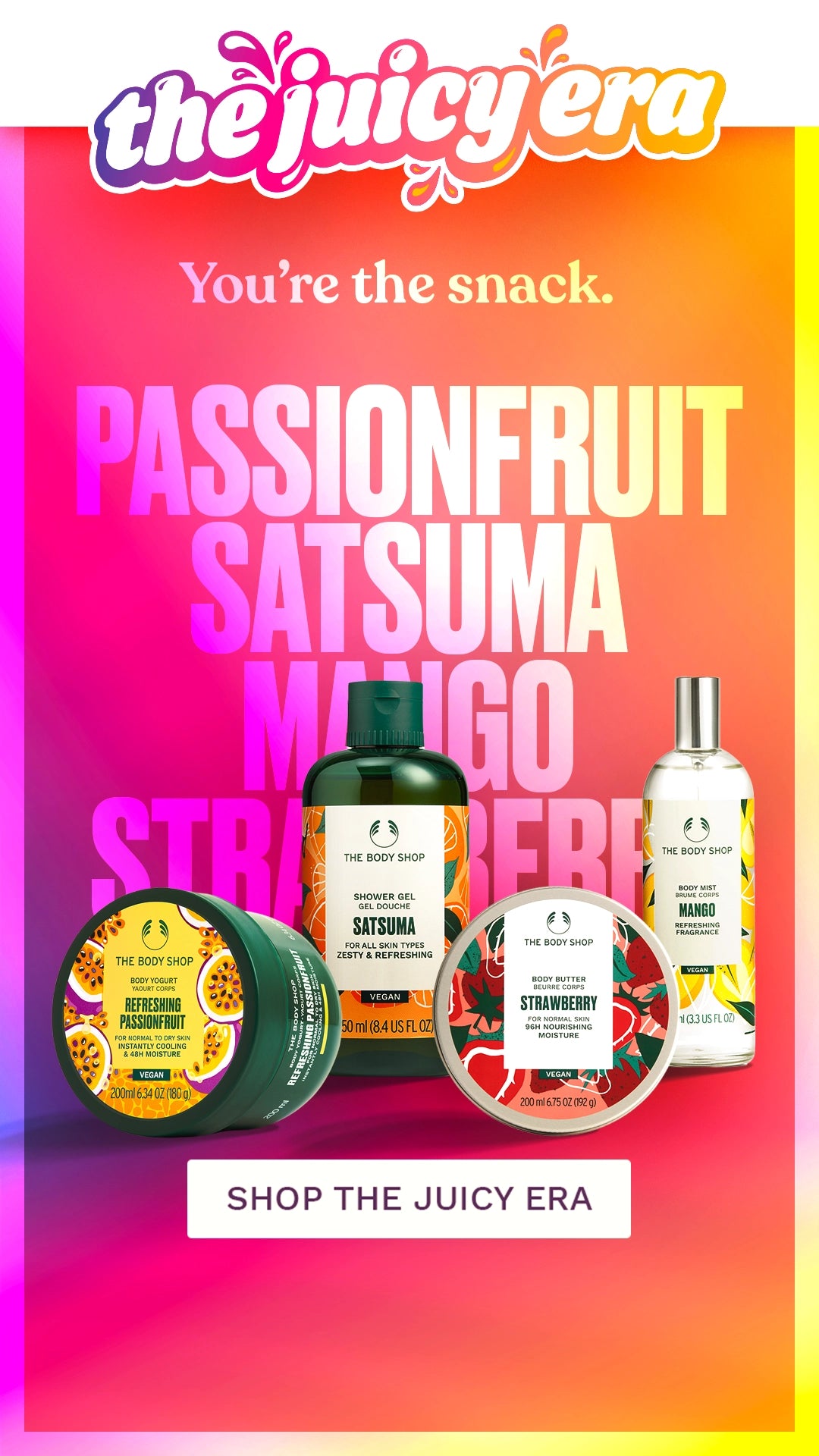 Promotional graphic for 'the juicy era' with body care products and colorful text on a gradient background.