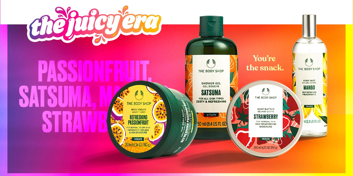 The Body Shop products with colorful background and 'the juicy era' branding.