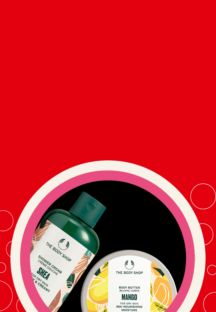 The Body Shop products on a red background with circular design