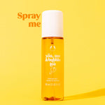 Perfume bottle labeled 'you, me & bubble tea' on a yellow background with text 'Spray me'.
