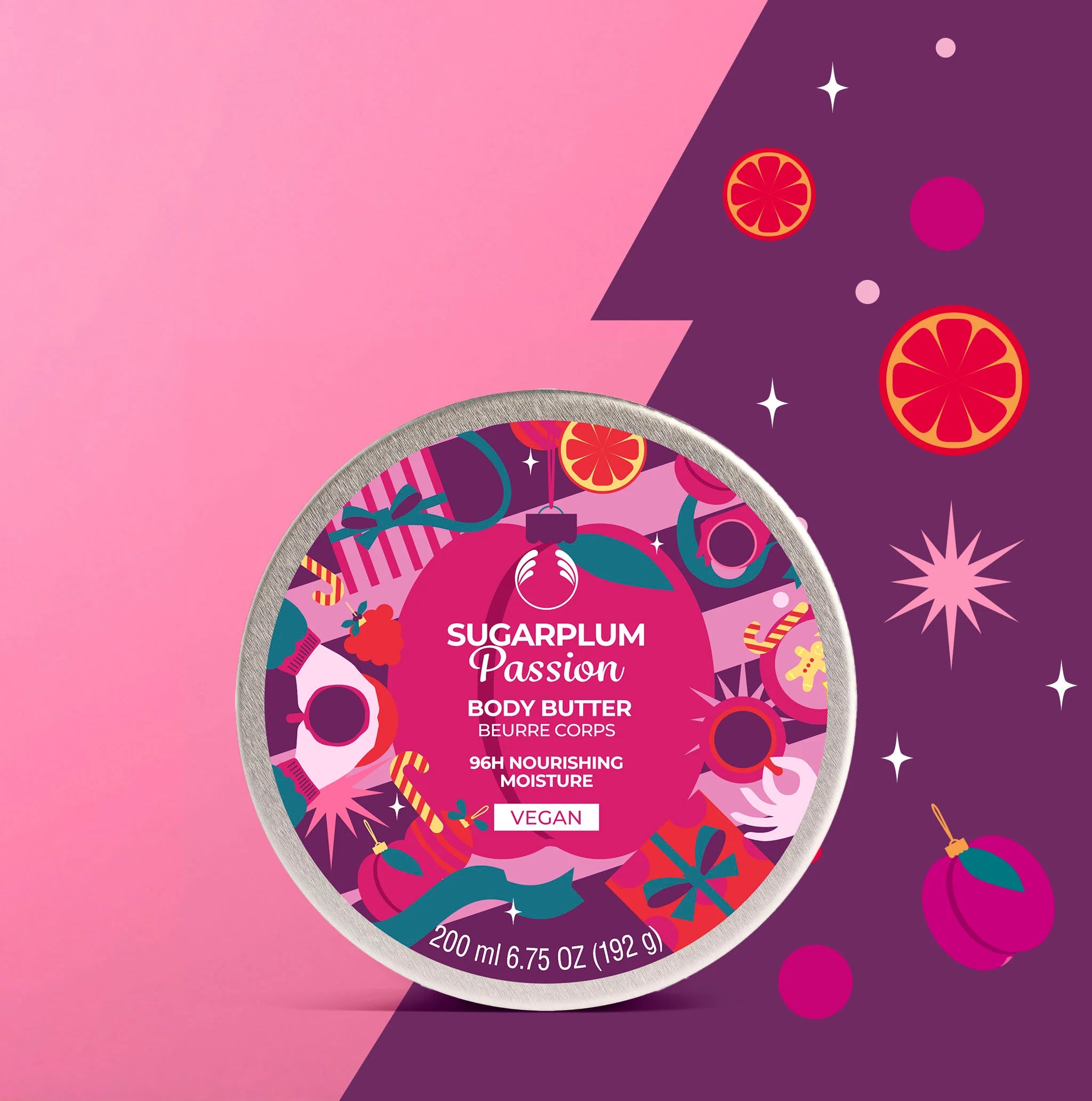 Body butter container with colorful label on a pink and purple background