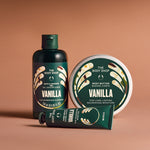 The Body Shop Vanilla products including a bottle, tube, and tin on a brown background