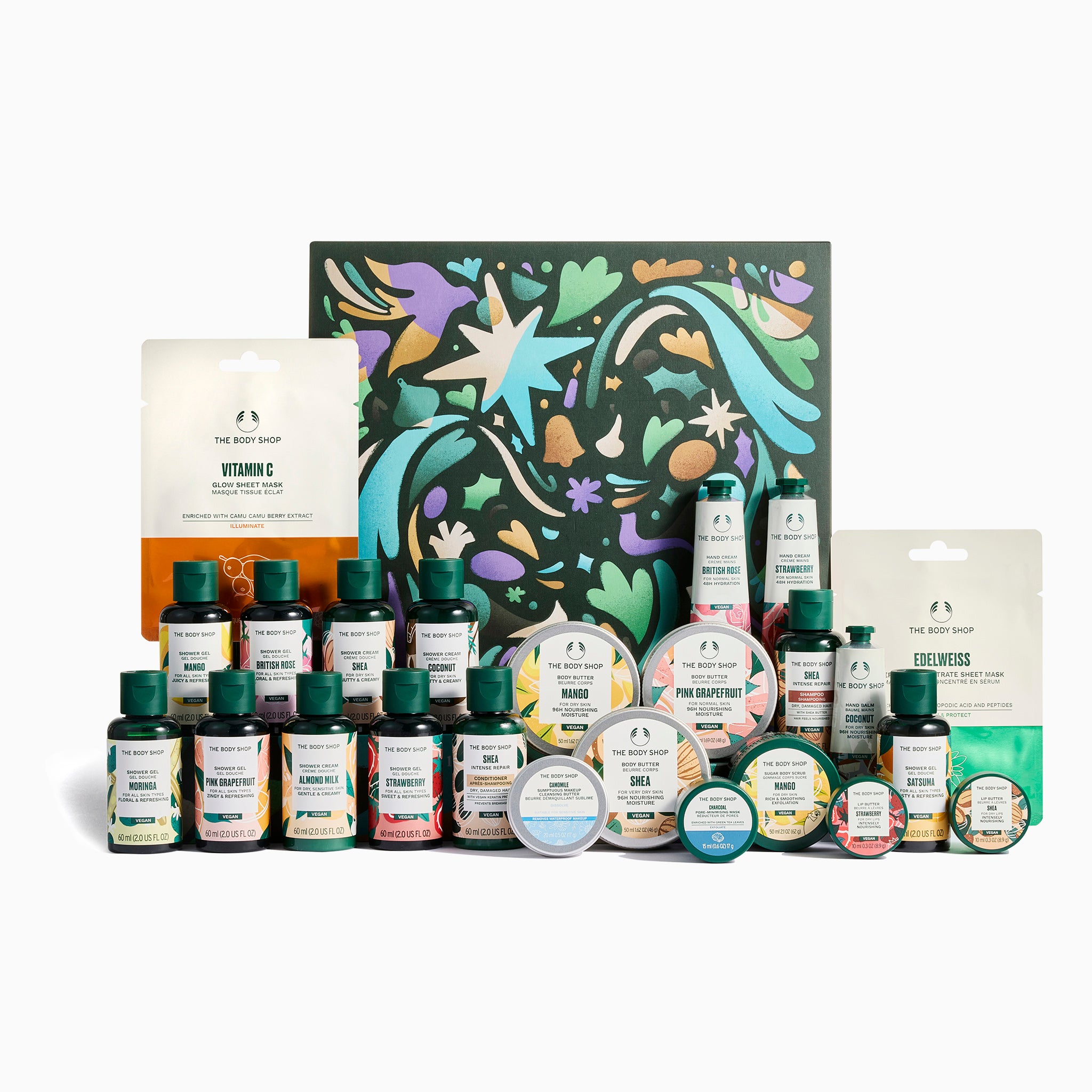 Collection of skincare products with a decorative box on a white background