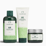 The Body Shop Aloe products including toner, cleanser, and cream on a white background