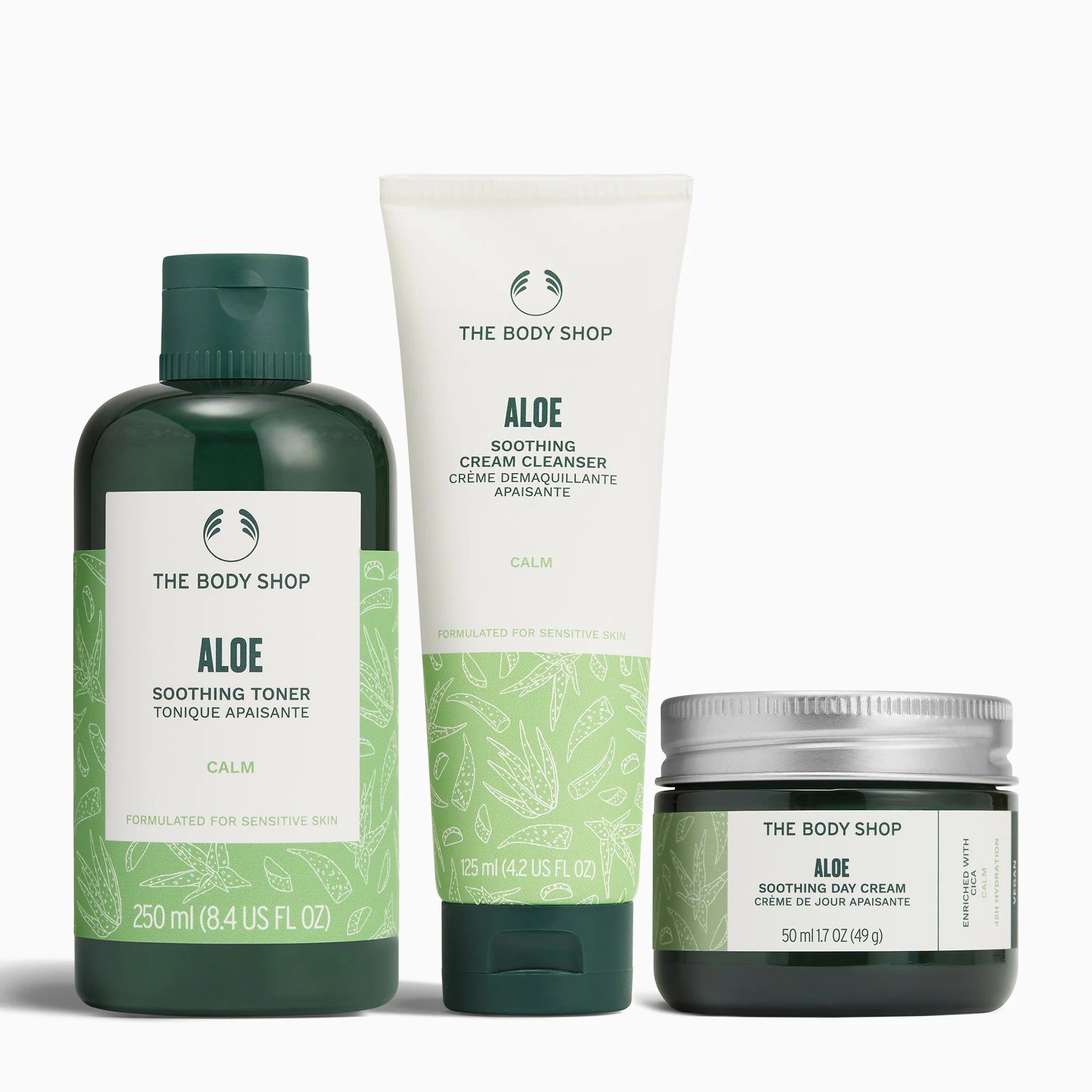 The Body Shop Aloe products including toner, cleanser, and cream on a white background