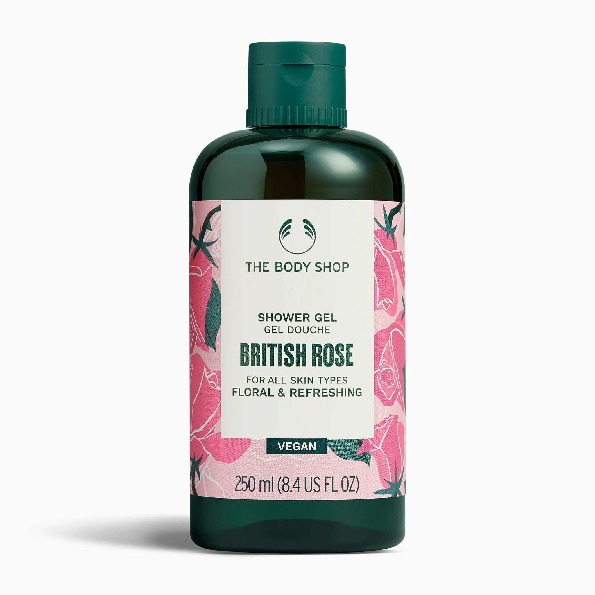 The Body Shop British Rose shower gel bottle on a white background