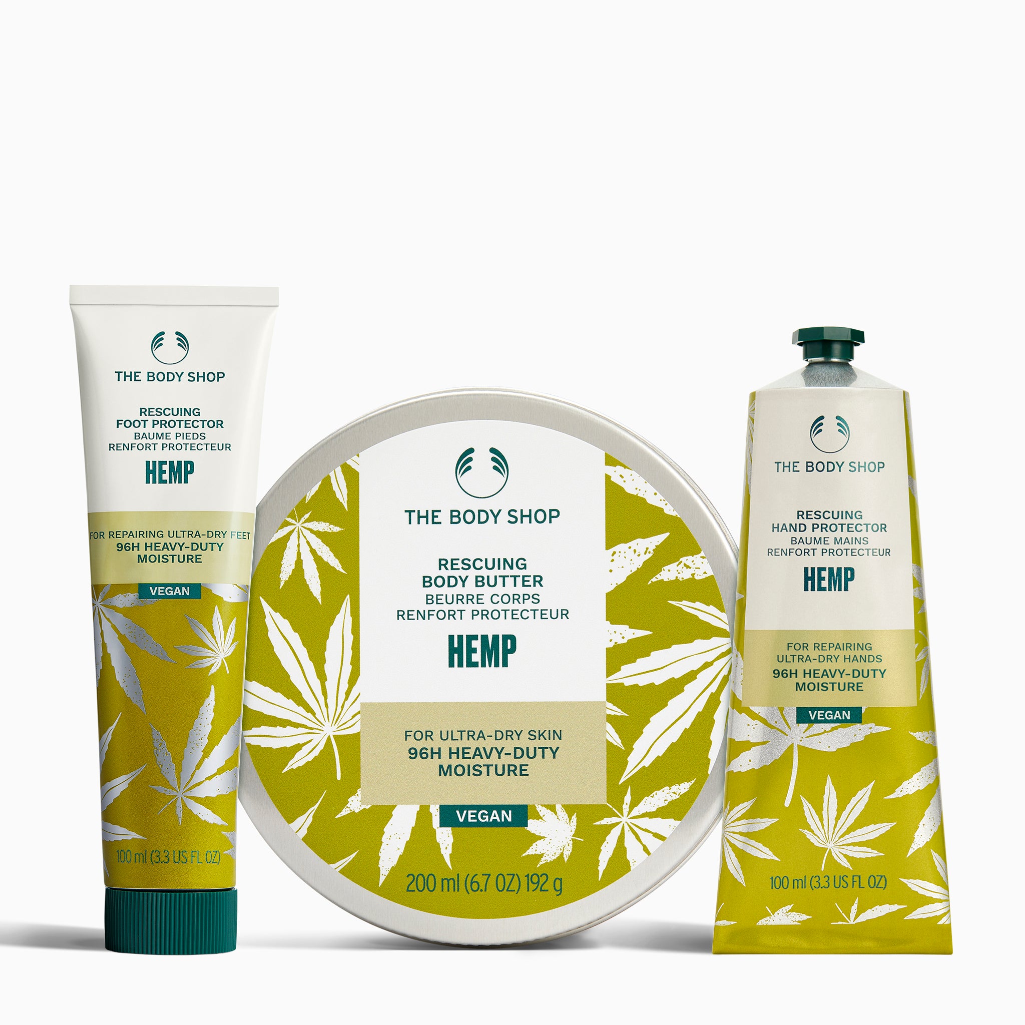The Body Shop hemp skincare products on a white background