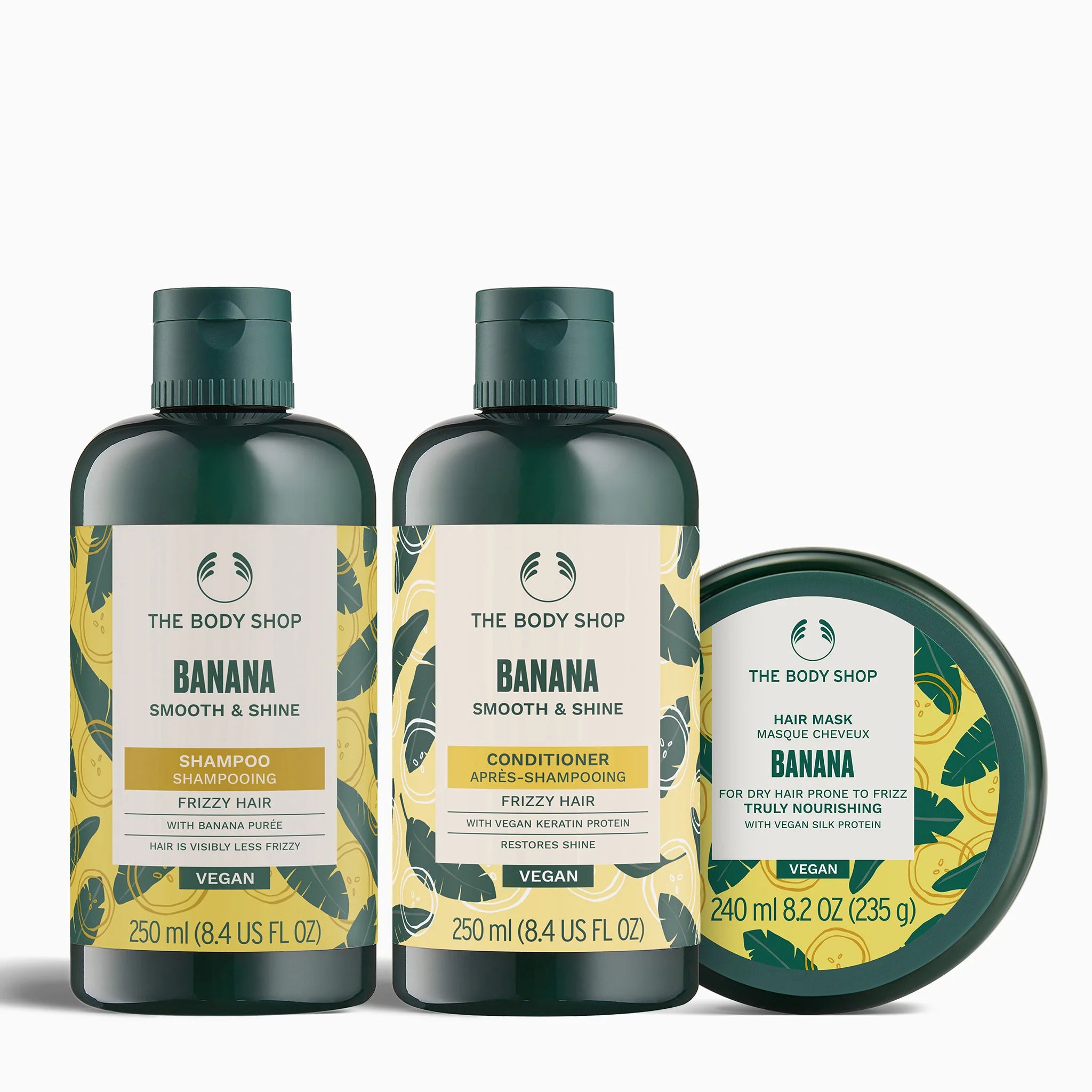 The Body Shop Banana hair care products on a white background