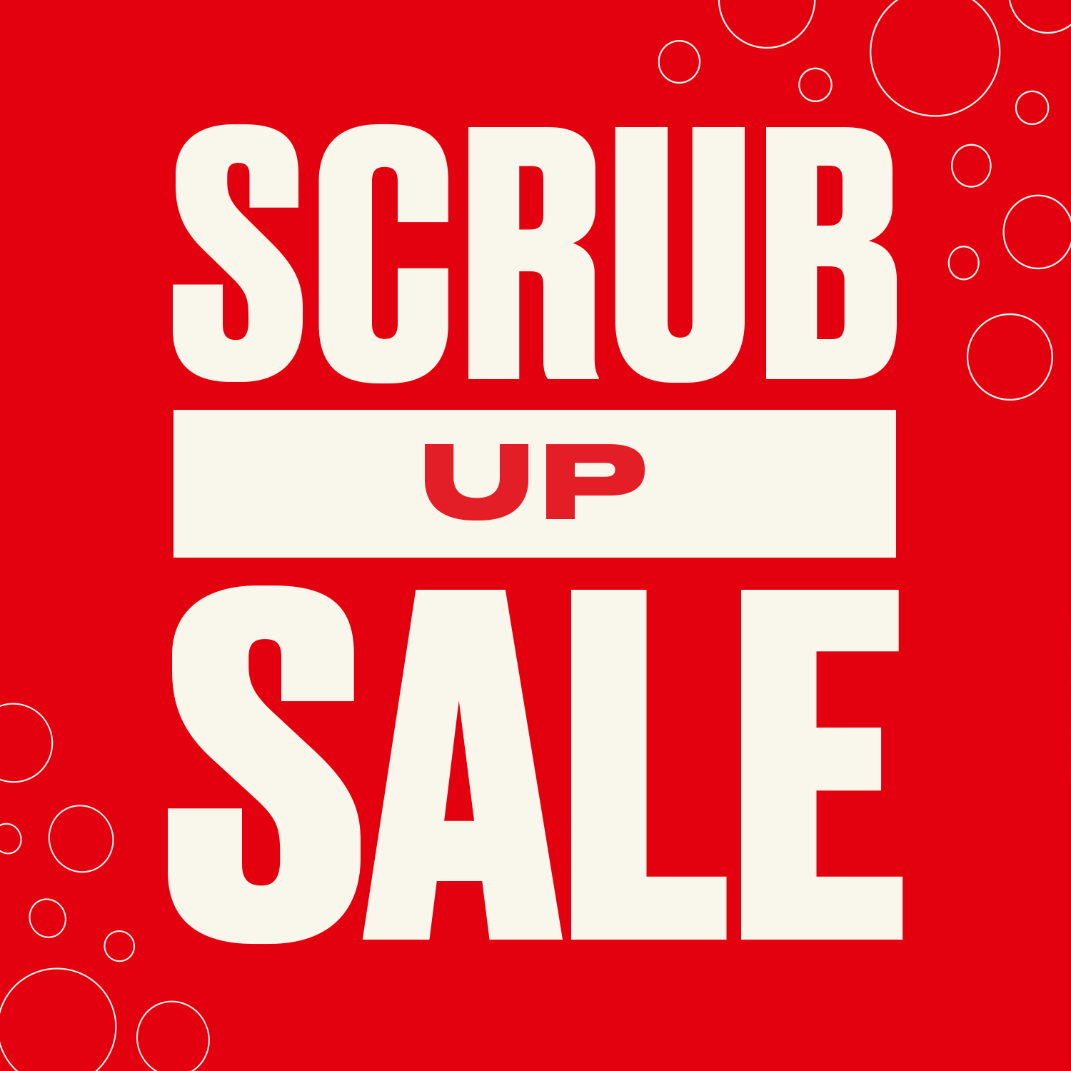Promotional graphic with 'Scrub Up Sale' text on a red background