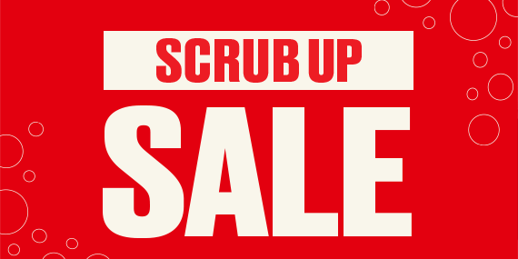 Red background with 'Scrub Up Sale' text on a white banner