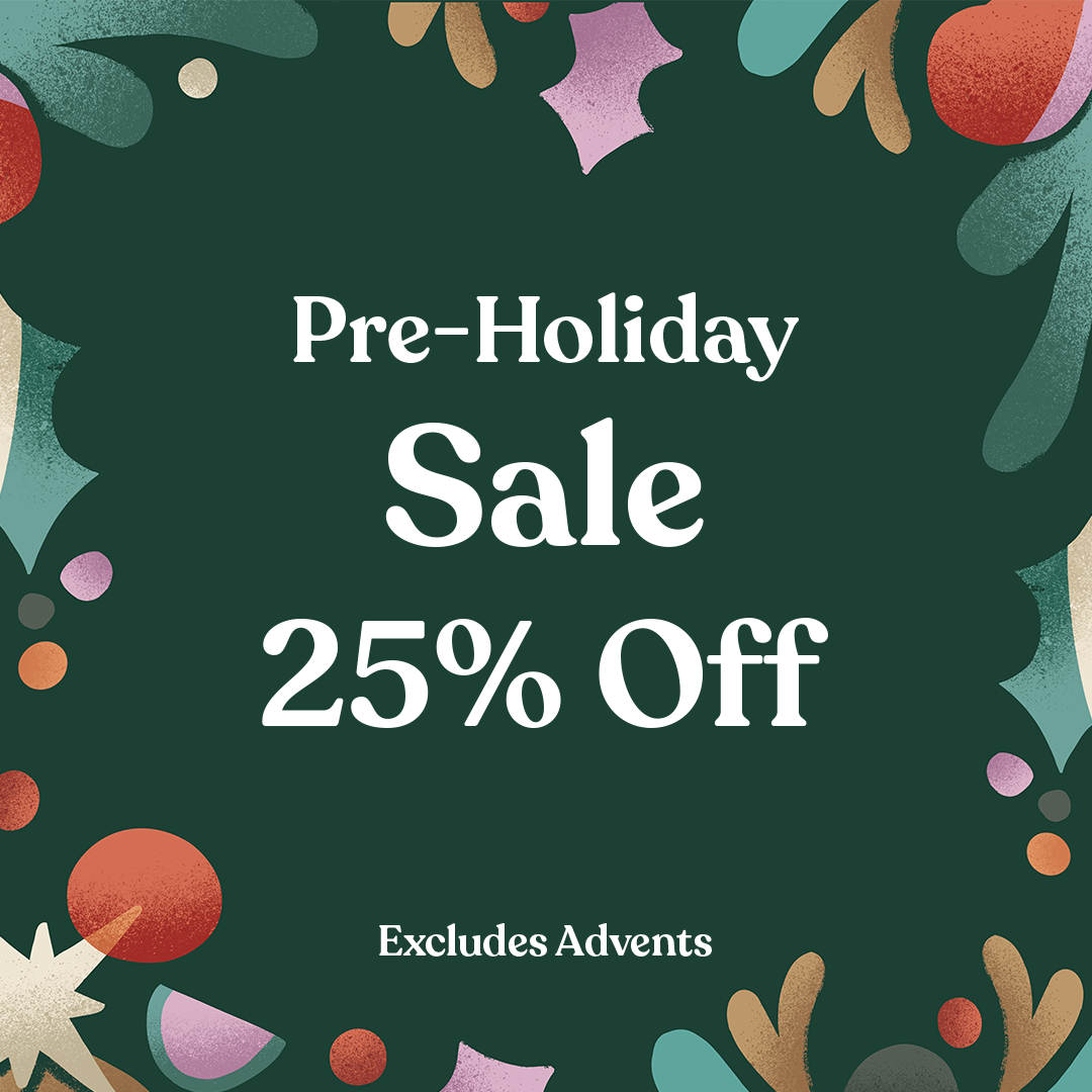 Pre-Holiday Sale 25% Off text on a festive green background with holiday decorations.