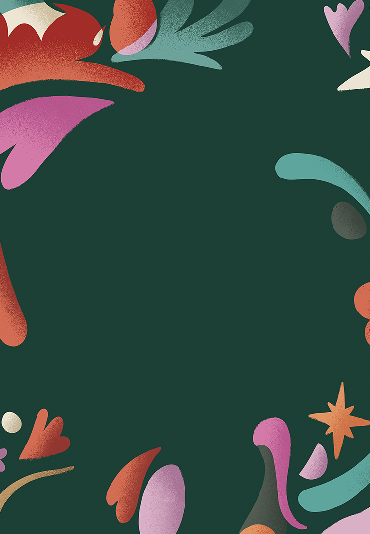 Colorful abstract shapes on a dark green background