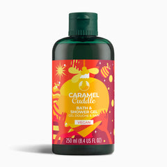 Bottle of Caramel Cuddle bath and shower gel with colorful label on a white background