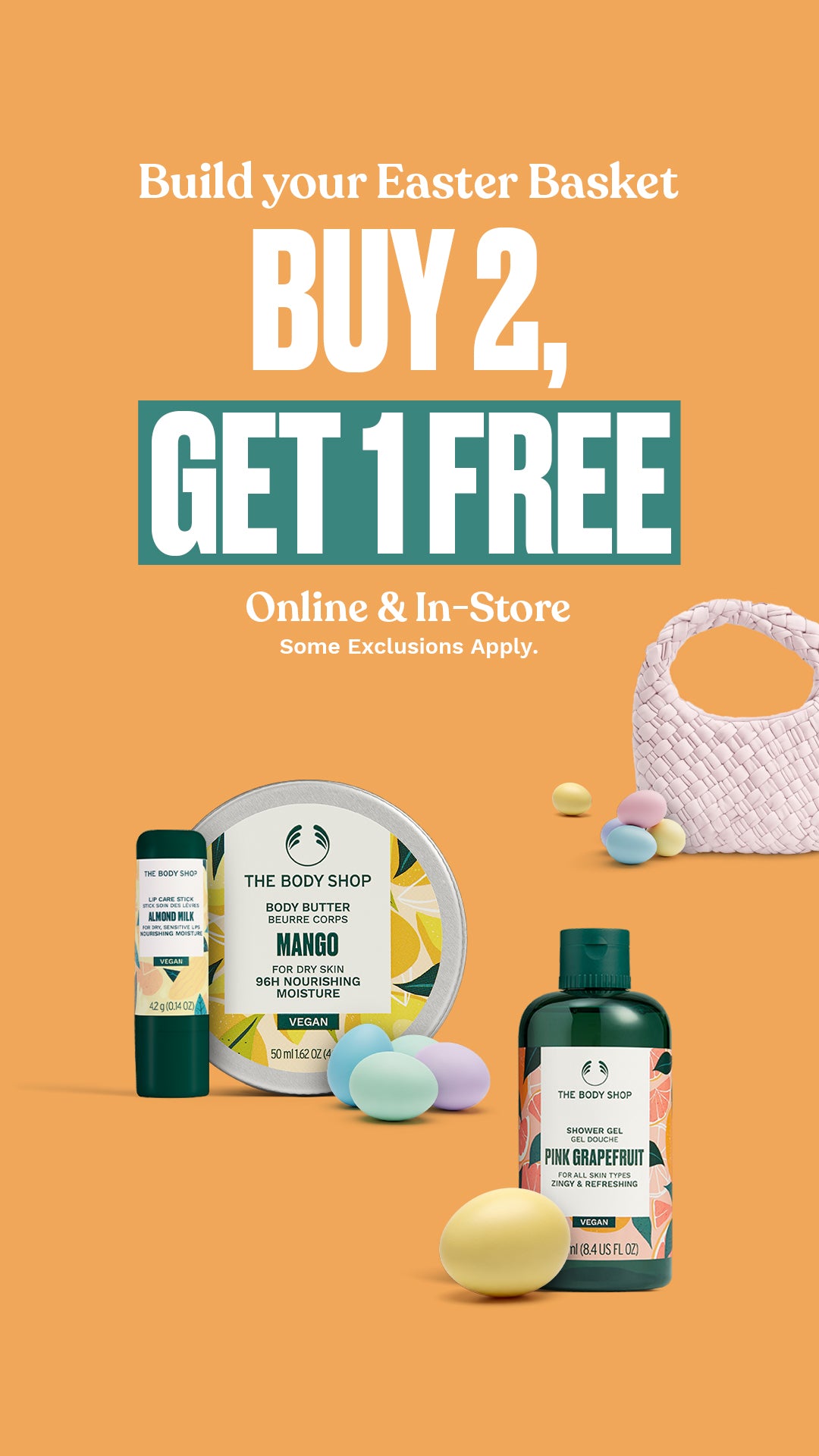 Promotional advertisement for The Body Shop with products and Easter eggs on an orange background.