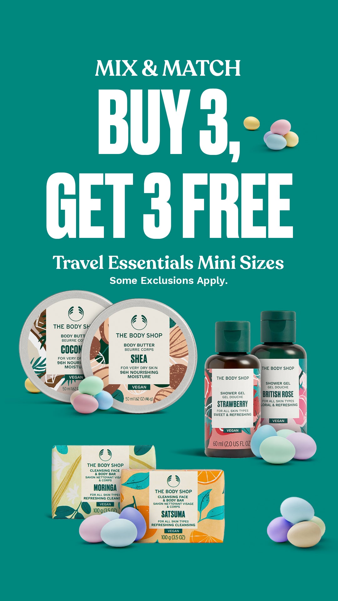 Promotional graphic for The Body Shop with travel essentials mini sizes and a buy 3, get 3 free offer on a green background.