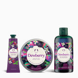 Dewberry skincare products including a tube, tin, and bottle on a white background