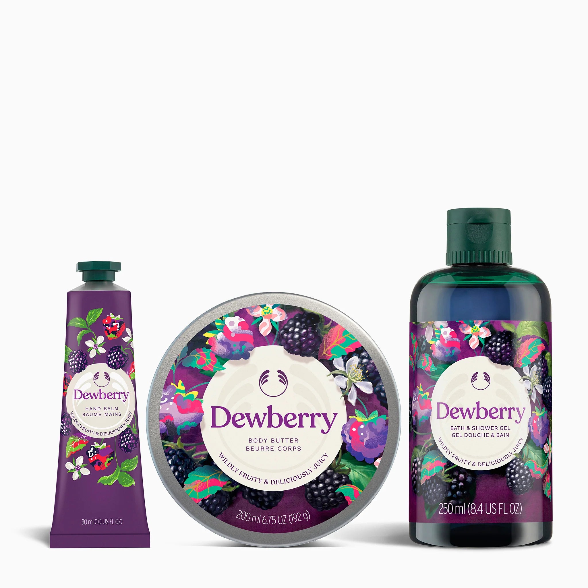 Dewberry skincare products including a tube, tin, and bottle on a white background
